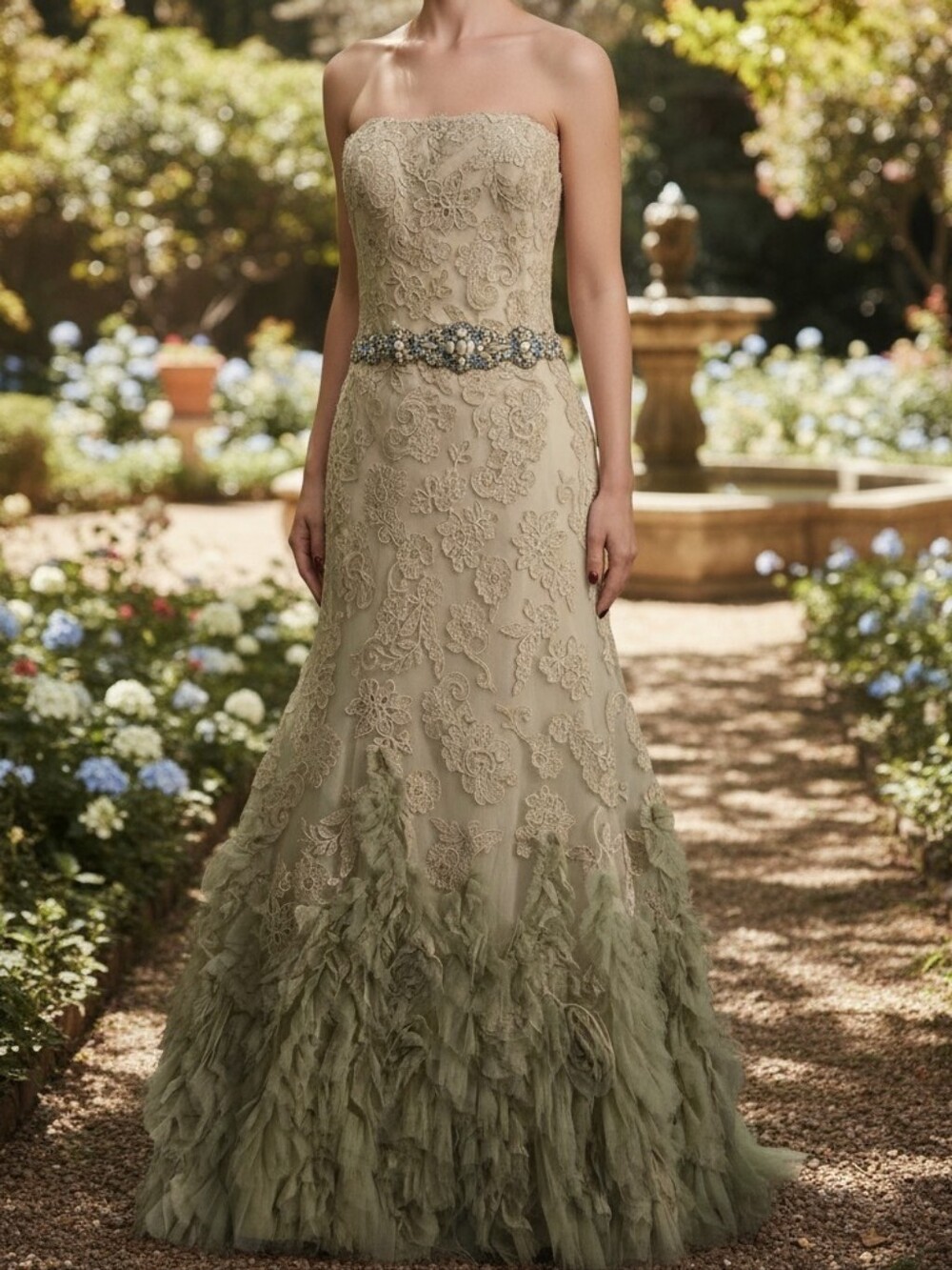 NWOT Enzoani Strapless Lace A-Line Wedding Dress in Sage Green with Beaded Belt